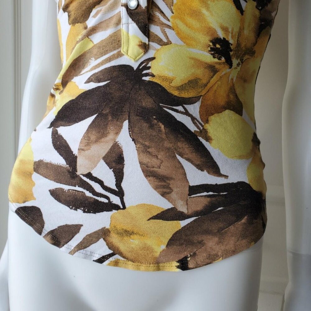 Cache Women's Y2k Yellow Short Sleeve Floral Print Blouse Sz Medium - Picture 6 of 8
